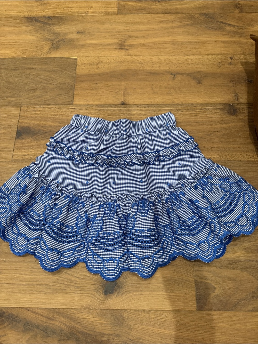 Alexis Blue Gingham Tiered Mini Skirt with Scalloped Embroidery